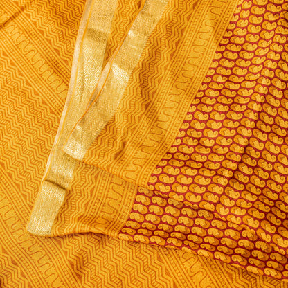 Sanskriti Vintage Orange-Saffron Sari Soft Pure Silk Block Printed Saree 5.5Yd