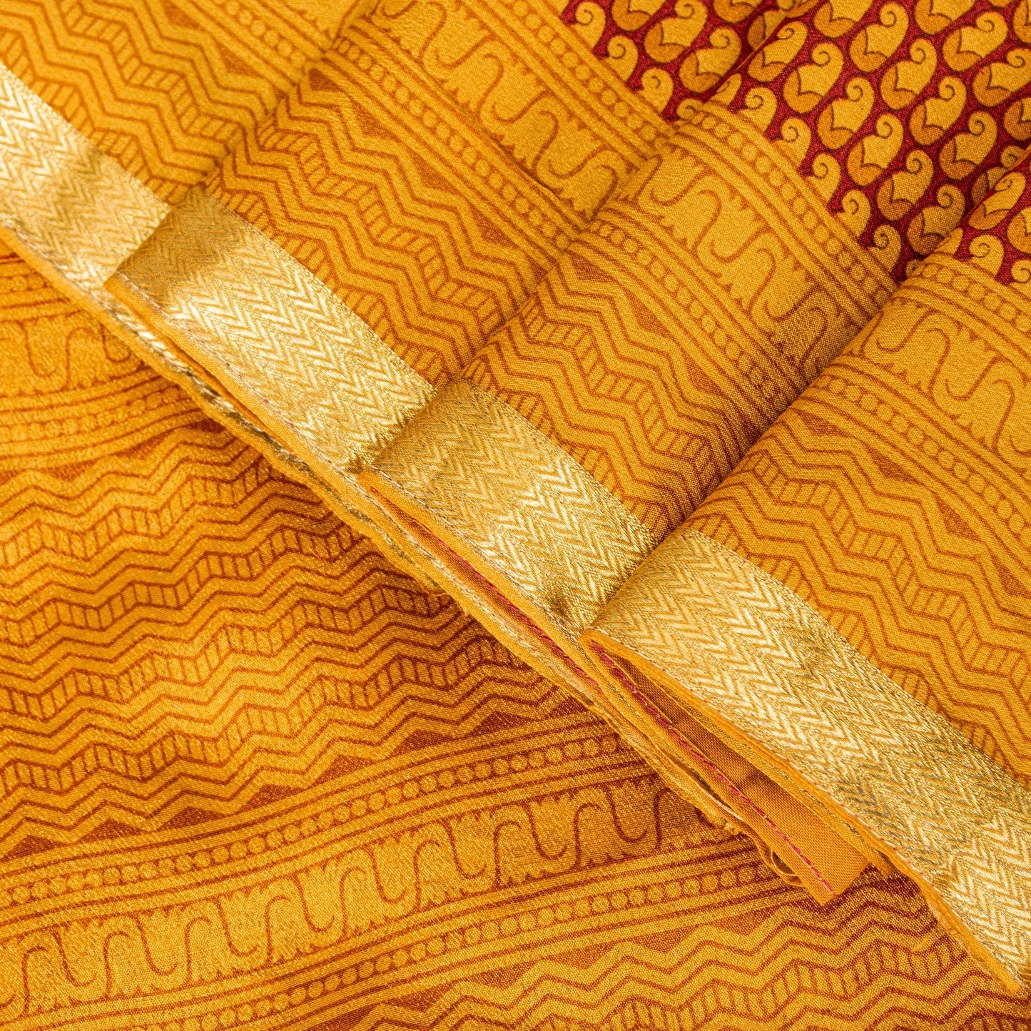Sanskriti Vintage Orange-Saffron Sari Soft Pure Silk Block Printed Saree 5.5Yd