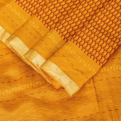 Sanskriti Vintage Orange-Saffron Sari Soft Pure Silk Block Printed Saree 5.5Yd