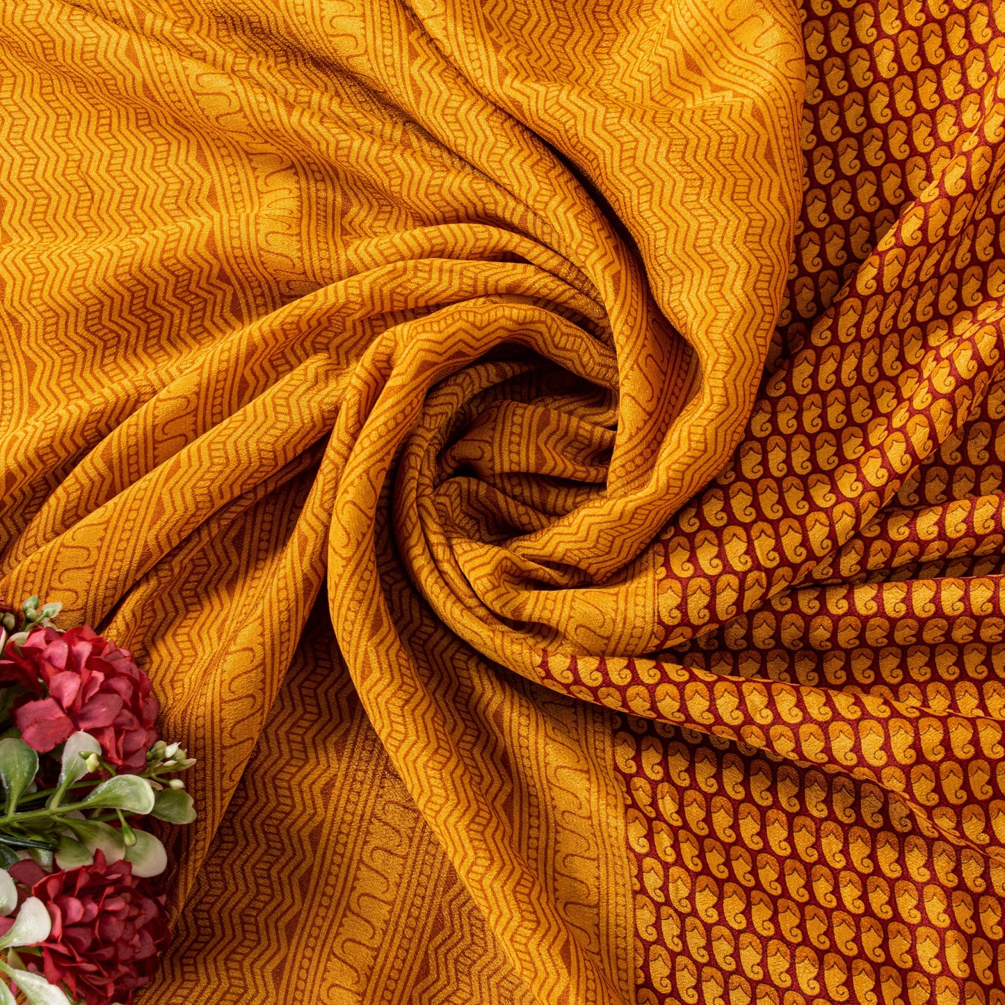 Sanskriti Vintage Orange-Saffron Sari Soft Pure Silk Block Printed Saree 5.5Yd