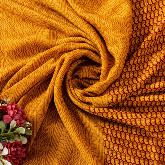 Sanskriti Vintage Orange-Saffron Sari Soft Pure Silk Block Printed Saree 5.5Yd
