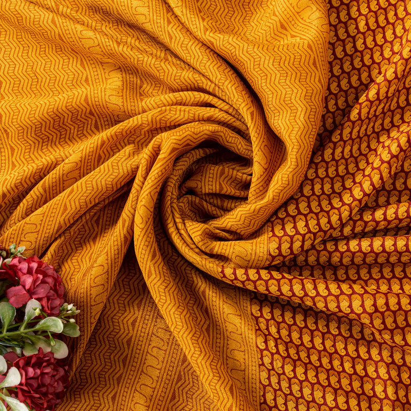 Sanskriti Vintage Orange-Saffron Sari Soft Pure Silk Block Printed Saree 5.5Yd