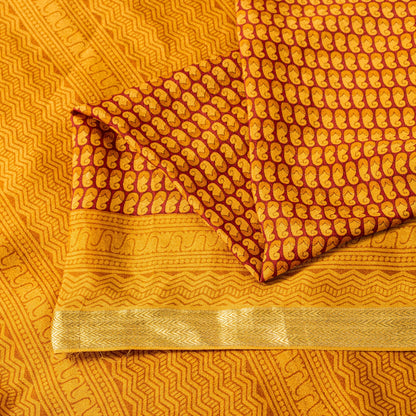 Sanskriti Vintage Orange-Saffron Sari Soft Pure Silk Block Printed Saree 5.5Yd