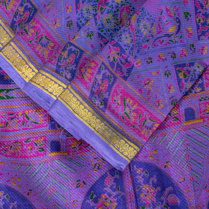 Sanskriti Vintage Blue Sari Soft Pure Silk Human Animal Zari Border Saree 6+YARD