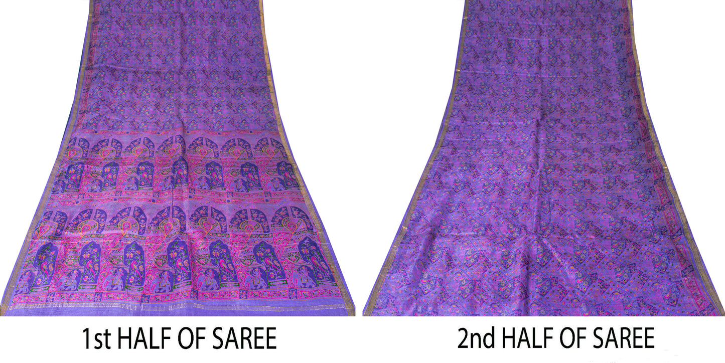 Sanskriti Vintage Blue Sari Soft Pure Silk Human Animal Zari Border Saree 6+YARD