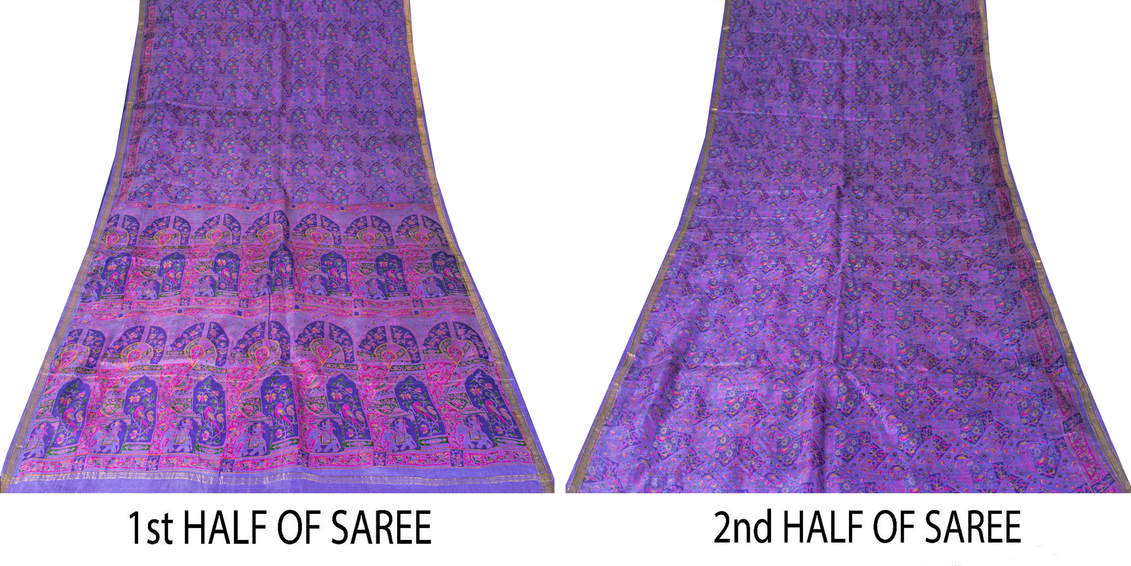 Sanskriti Vintage Blue Sari Soft Pure Silk Human Animal Zari Border Saree 6+YARD