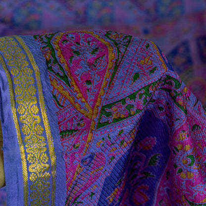 Sanskriti Vintage Blue Sari Soft Pure Silk Human Animal Zari Border Saree 6+YARD