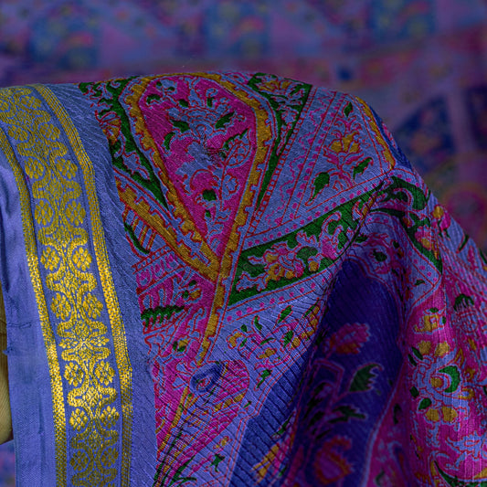 Sanskriti Vintage Blue Sari Soft Pure Silk Human Animal Zari Border Saree 6+YARD