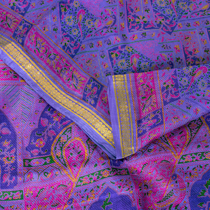 Sanskriti Vintage Blue Sari Soft Pure Silk Human Animal Zari Border Saree 6+YARD