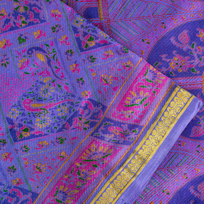 Sanskriti Vintage Blue Sari Soft Pure Silk Human Animal Zari Border Saree 6+YARD