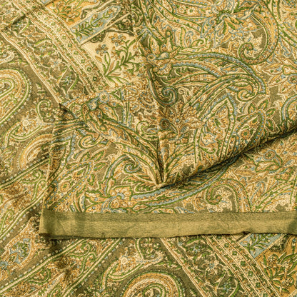 Sanskriti Vintage Sari Green Soft Pure Silk Paisley Hand Block Print Saree 6.5+