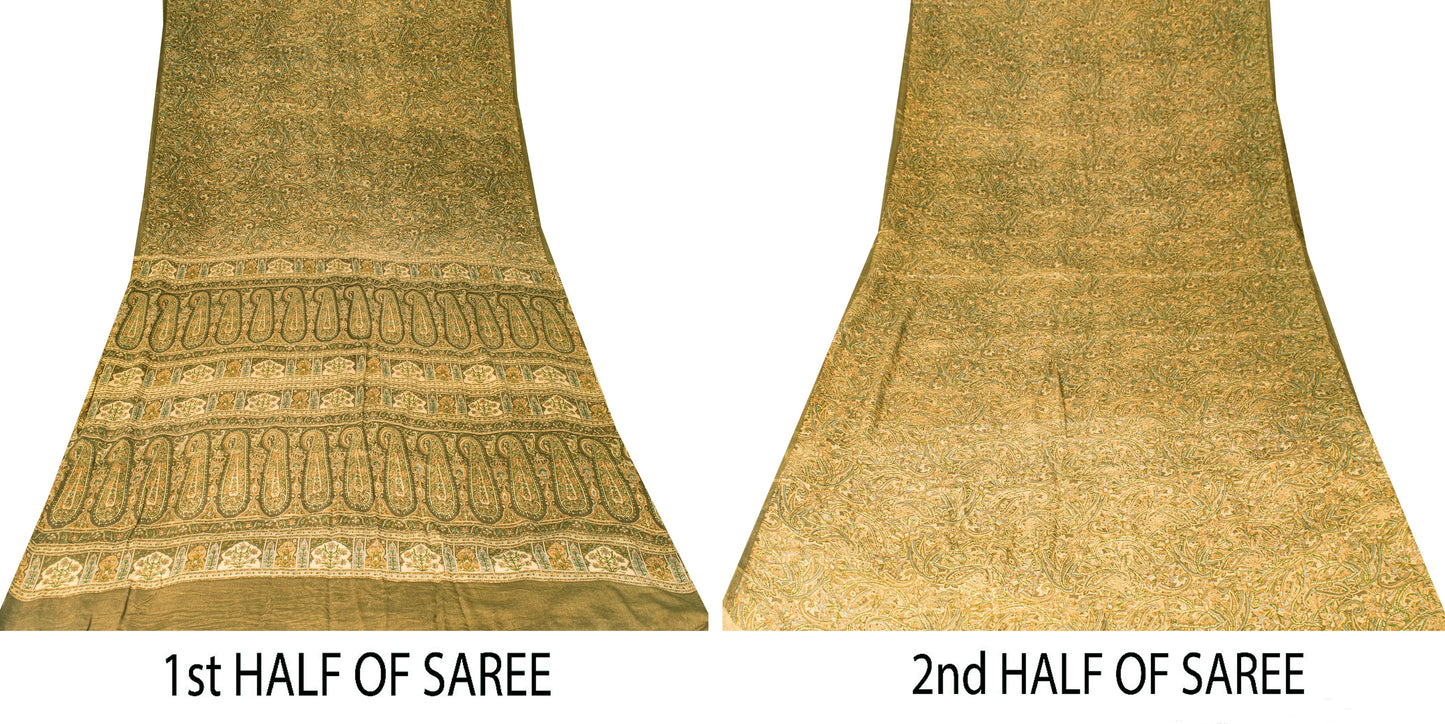 Sanskriti Vintage Sari Green Soft Pure Silk Paisley Hand Block Print Saree 6.5+
