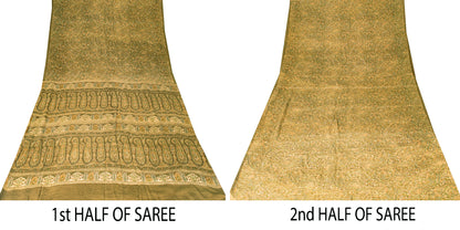 Sanskriti Vintage Sari Green Soft Pure Silk Paisley Hand Block Print Saree 6.5+
