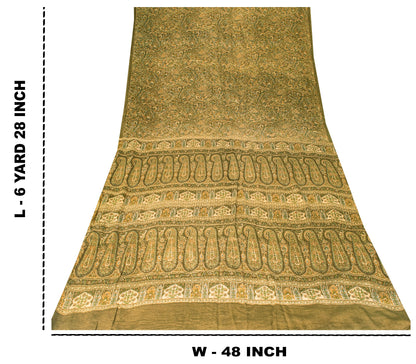 Sanskriti Vintage Sari Green Soft Pure Silk Paisley Hand Block Print Saree 6.5+