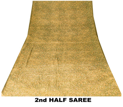 Sanskriti Vintage Sari Green Soft Pure Silk Paisley Hand Block Print Saree 6.5+