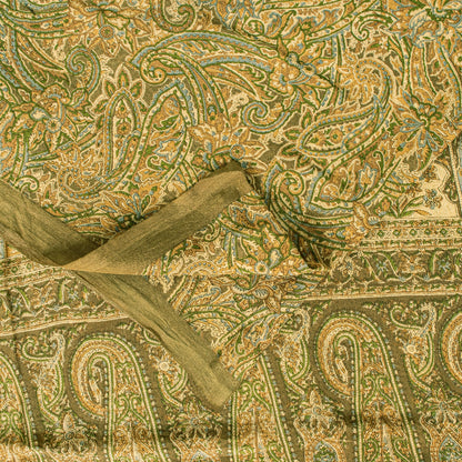 Sanskriti Vintage Sari Green Soft Pure Silk Paisley Hand Block Print Saree 6.5+