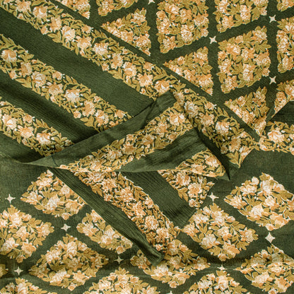 Sanskriti Vintage Dark Green Sari Soft Pure Silk Floral Print Saree 6+Yd Craft