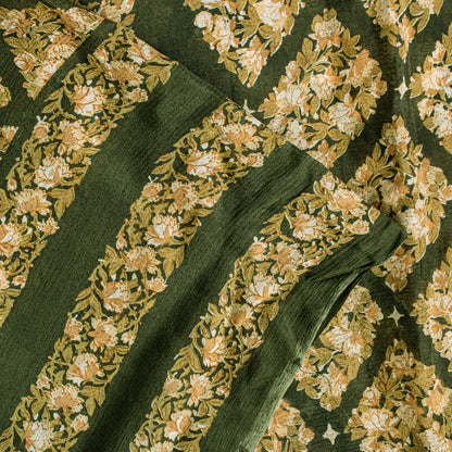 Sanskriti Vintage Dark Green Sari Soft Pure Silk Floral Print Saree 6+Yd Craft