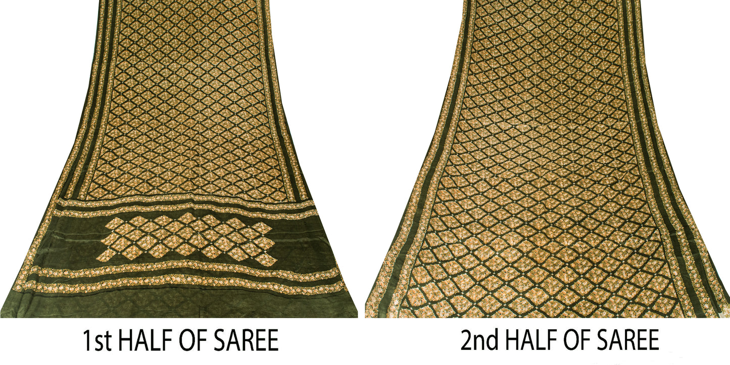 Sanskriti Vintage Dark Green Sari Soft Pure Silk Floral Print Saree 6+Yd Craft