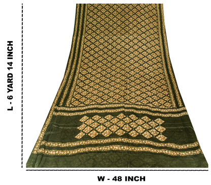 Sanskriti Vintage Dark Green Sari Soft Pure Silk Floral Print Saree 6+Yd Craft