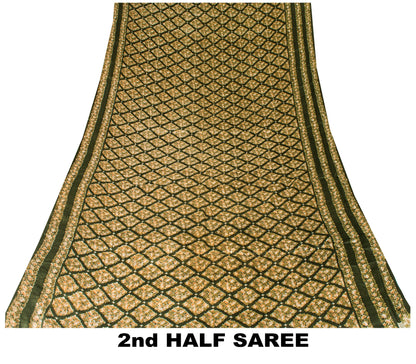 Sanskriti Vintage Dark Green Sari Soft Pure Silk Floral Print Saree 6+Yd Craft
