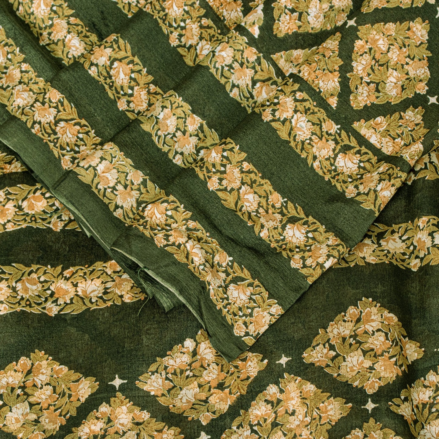 Sanskriti Vintage Dark Green Sari Soft Pure Silk Floral Print Saree 6+Yd Craft
