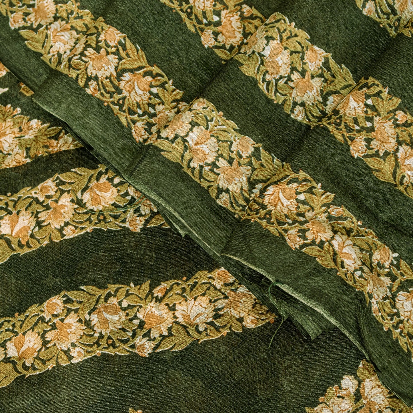 Sanskriti Vintage Dark Green Sari Soft Pure Silk Floral Print Saree 6+Yd Craft