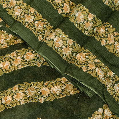 Sanskriti Vintage Dark Green Sari Soft Pure Silk Floral Print Saree 6+Yd Craft