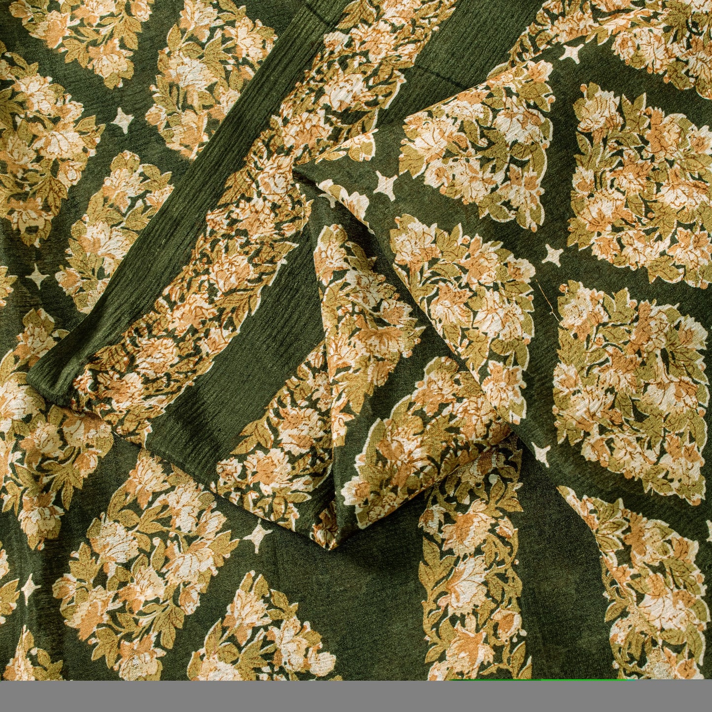 Sanskriti Vintage Dark Green Sari Soft Pure Silk Floral Print Saree 6+Yd Craft
