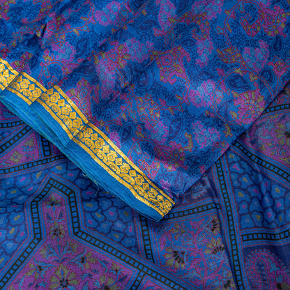Sanskriti Vintage Blue Sari Soft Pure Silk Floral Print Zari Border Saree 6+Yd
