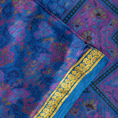 Sanskriti Vintage Blue Sari Soft Pure Silk Floral Print Zari Border Saree 6+Yd