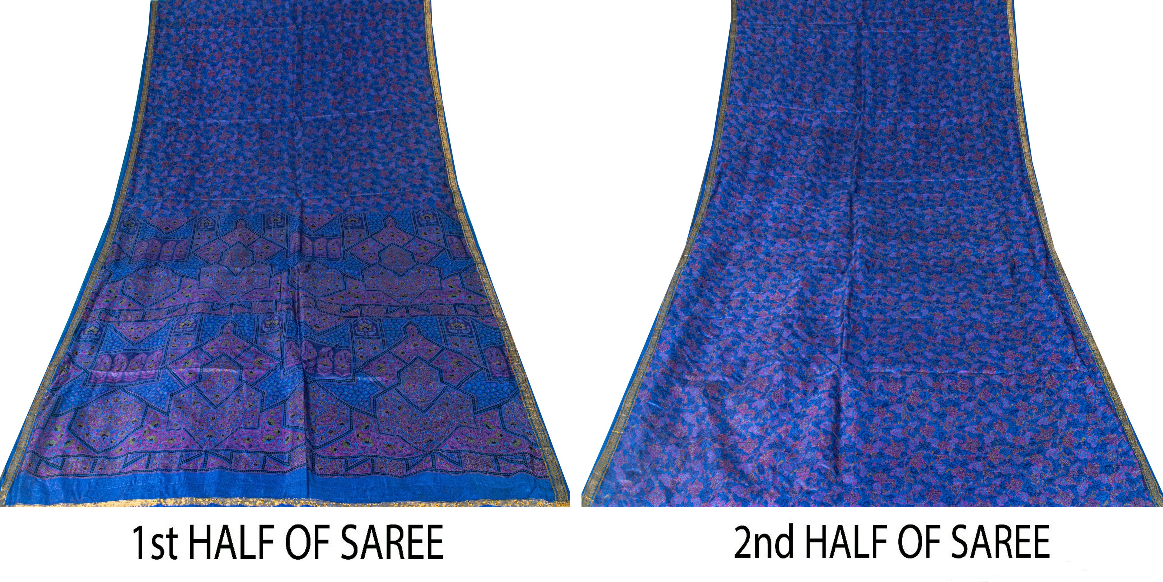 Sanskriti Vintage Blue Sari Soft Pure Silk Floral Print Zari Border Saree 6+Yd