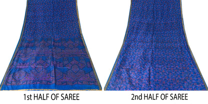 Sanskriti Vintage Blue Sari Soft Pure Silk Floral Print Zari Border Saree 6+Yd