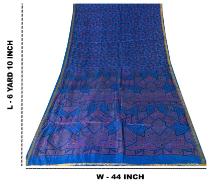 Sanskriti Vintage Blue Sari Soft Pure Silk Floral Print Zari Border Saree 6+Yd