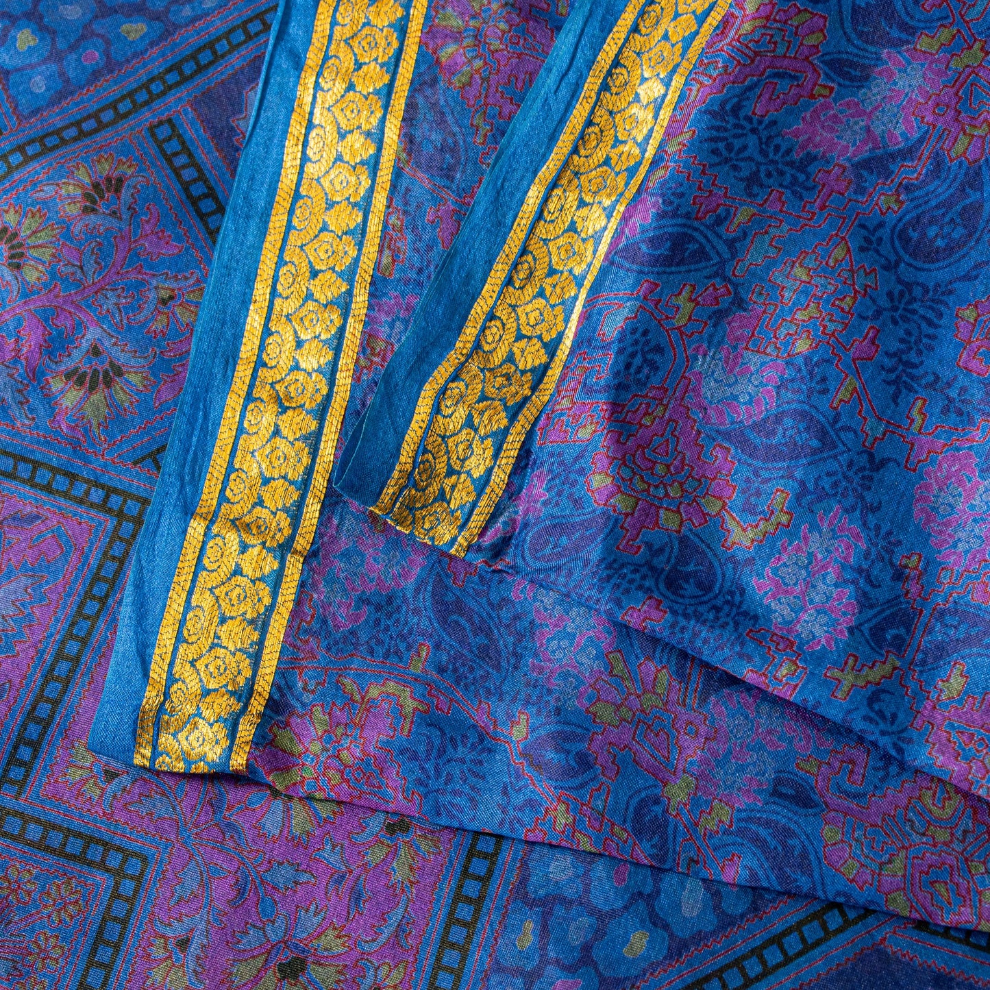 Sanskriti Vintage Blue Sari Soft Pure Silk Floral Print Zari Border Saree 6+Yd