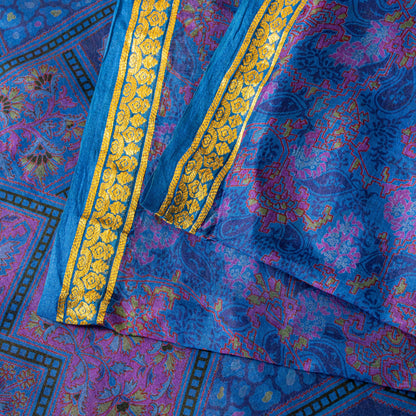 Sanskriti Vintage Blue Sari Soft Pure Silk Floral Print Zari Border Saree 6+Yd