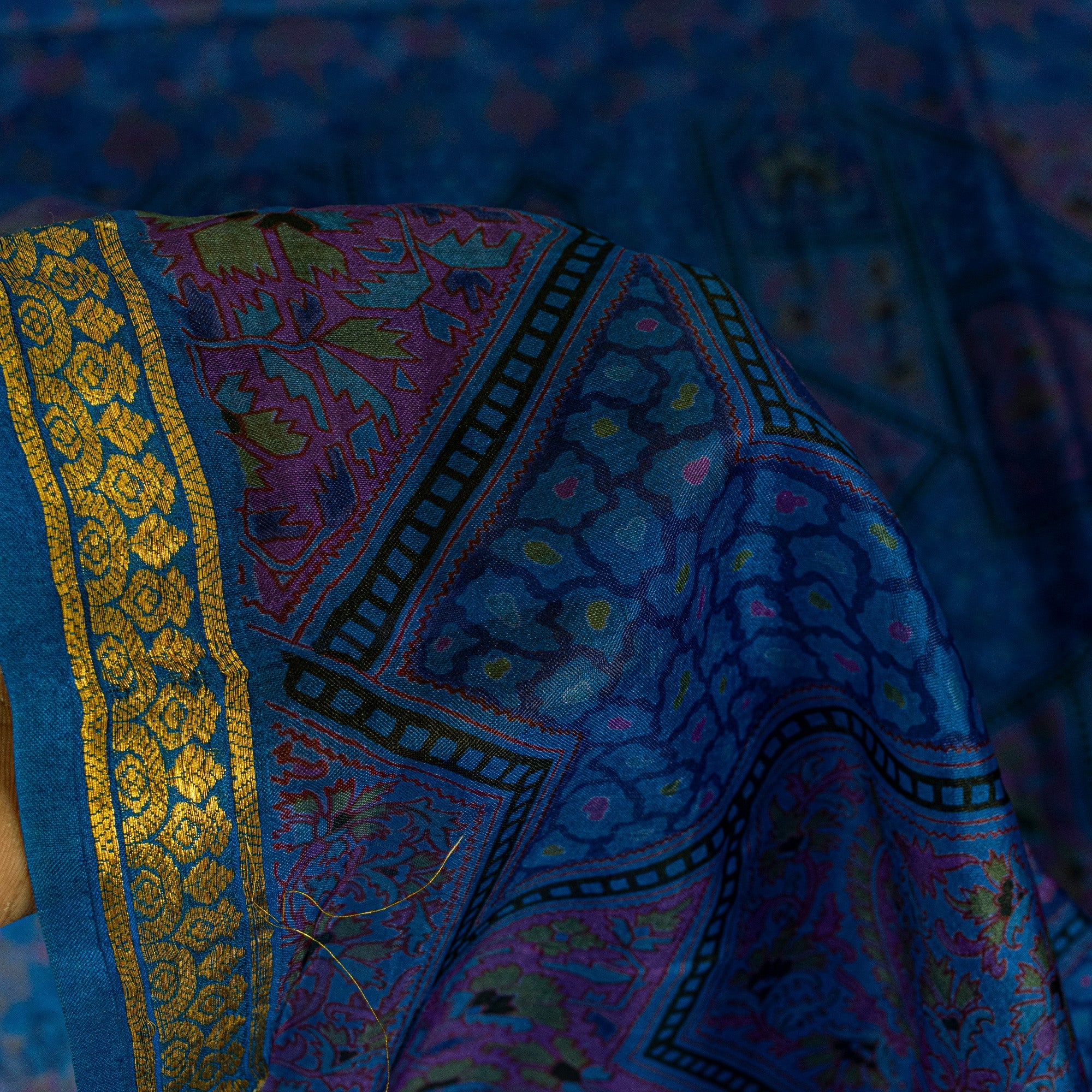 Sanskriti Vintage Blue Sari Soft Pure Silk Floral Print Zari Border Saree 6+Yd