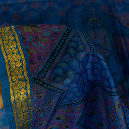Sanskriti Vintage Blue Sari Soft Pure Silk Floral Print Zari Border Saree 6+Yd