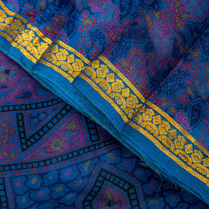 Sanskriti Vintage Blue Sari Soft Pure Silk Floral Print Zari Border Saree 6+Yd