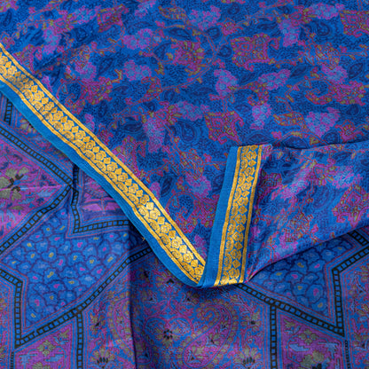 Sanskriti Vintage Blue Sari Soft Pure Silk Floral Print Zari Border Saree 6+Yd
