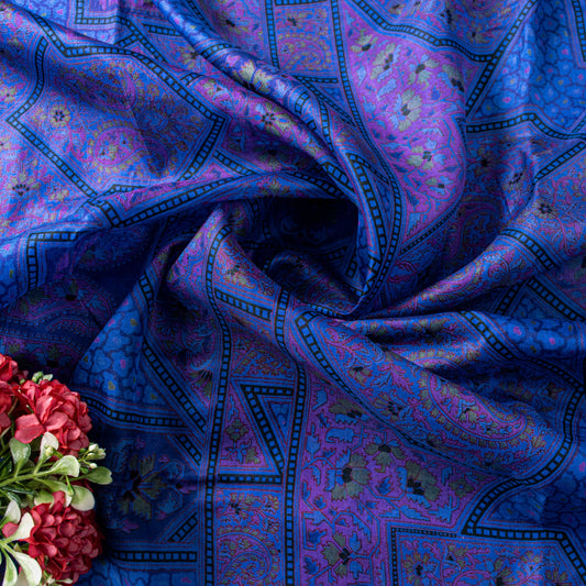 Sanskriti Vintage Blue Sari Soft Pure Silk Floral Print Zari Border Saree 6+Yd