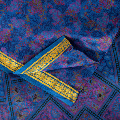 Sanskriti Vintage Blue Sari Soft Pure Silk Floral Print Zari Border Saree 6+Yd
