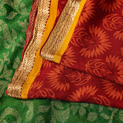 Sanskriti Vintage Red-Green Sari Soft Pure Silk Floral Print & Woven Saree 5.5Yd