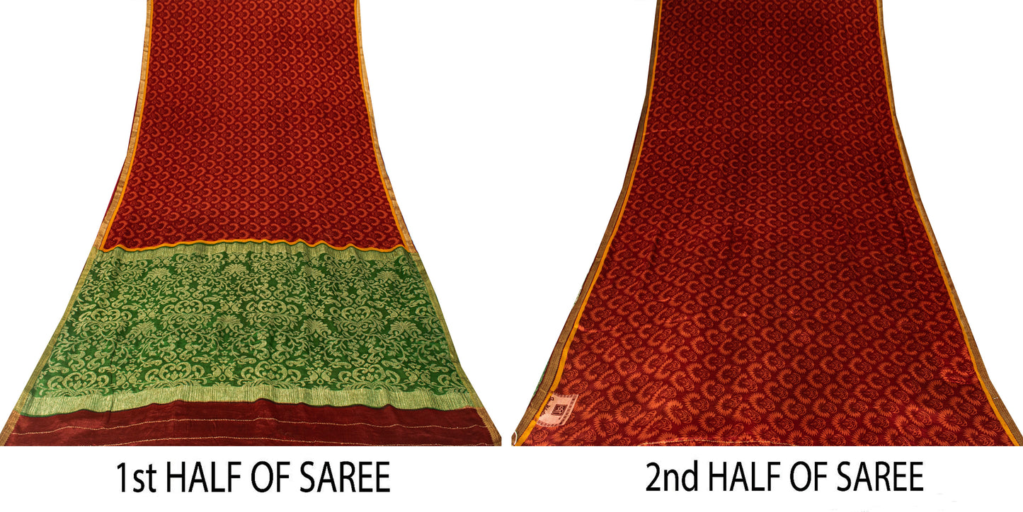 Sanskriti Vintage Red-Green Sari Soft Pure Silk Floral Print & Woven Saree 5.5Yd