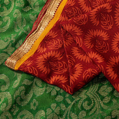 Sanskriti Vintage Red-Green Sari Soft Pure Silk Floral Print & Woven Saree 5.5Yd