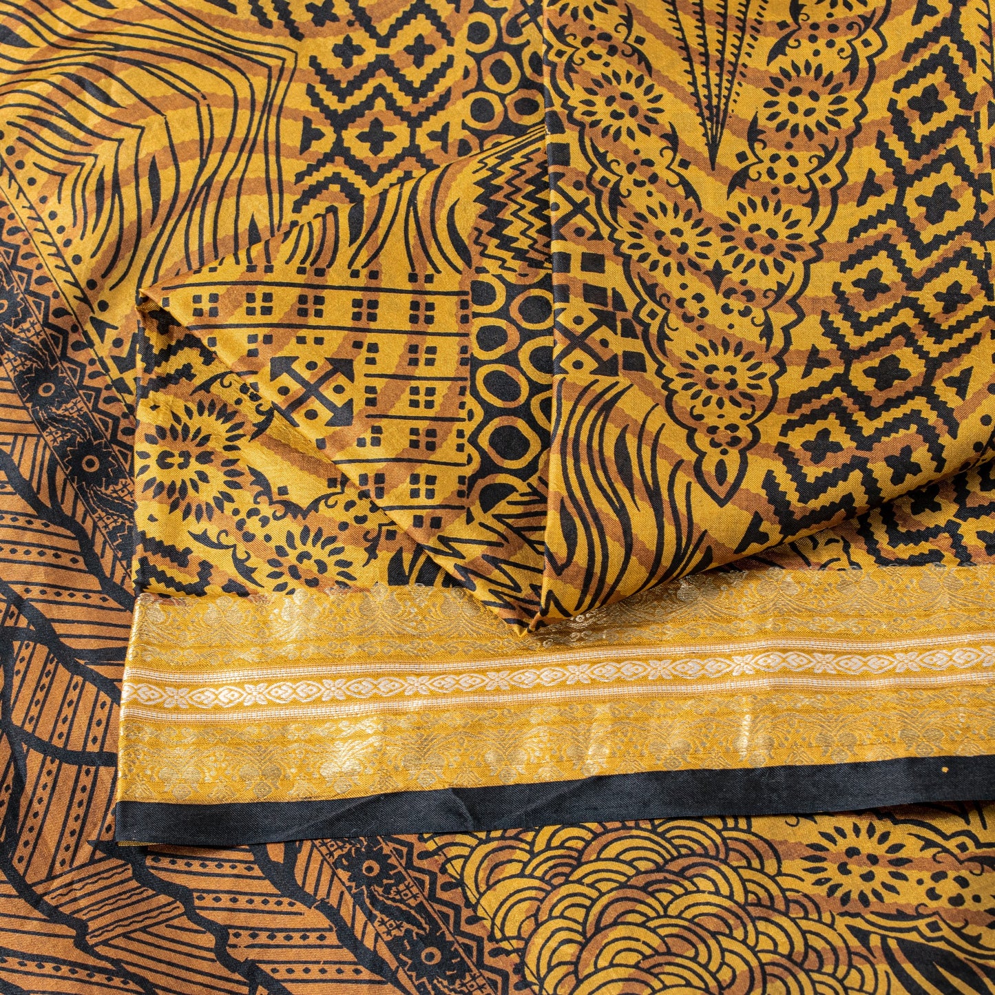 Sanskriti Vintage Saffron-Black Sari Soft Pure Silk Floral Print ZariSaree 5.5Yd