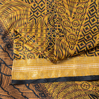 Sanskriti Vintage Saffron-Black Sari Soft Pure Silk Floral Print ZariSaree 5.5Yd