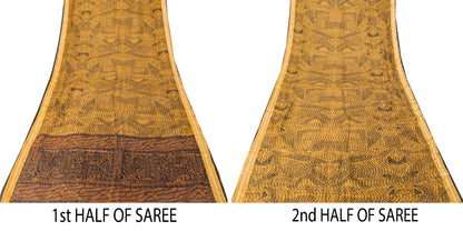 Sanskriti Vintage Saffron-Black Sari Soft Pure Silk Floral Print ZariSaree 5.5Yd