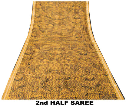 Sanskriti Vintage Saffron-Black Sari Soft Pure Silk Floral Print ZariSaree 5.5Yd