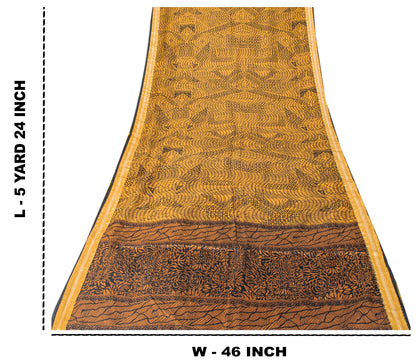 Sanskriti Vintage Saffron-Black Sari Soft Pure Silk Floral Print ZariSaree 5.5Yd